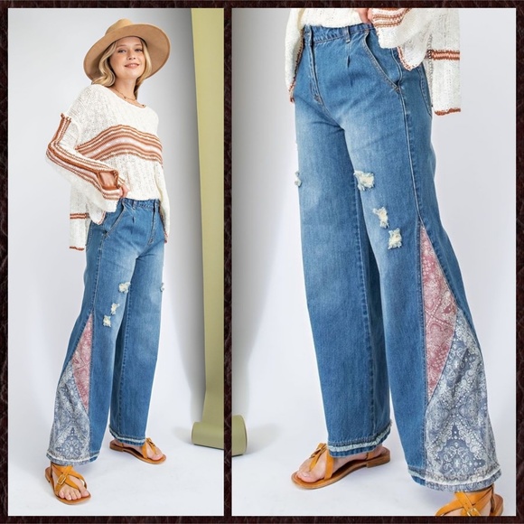EASEL "I Got A Feeling" Bell Bottom Denim Pant W/Contrast Patchwork At The Sides - Picture 16 of 16